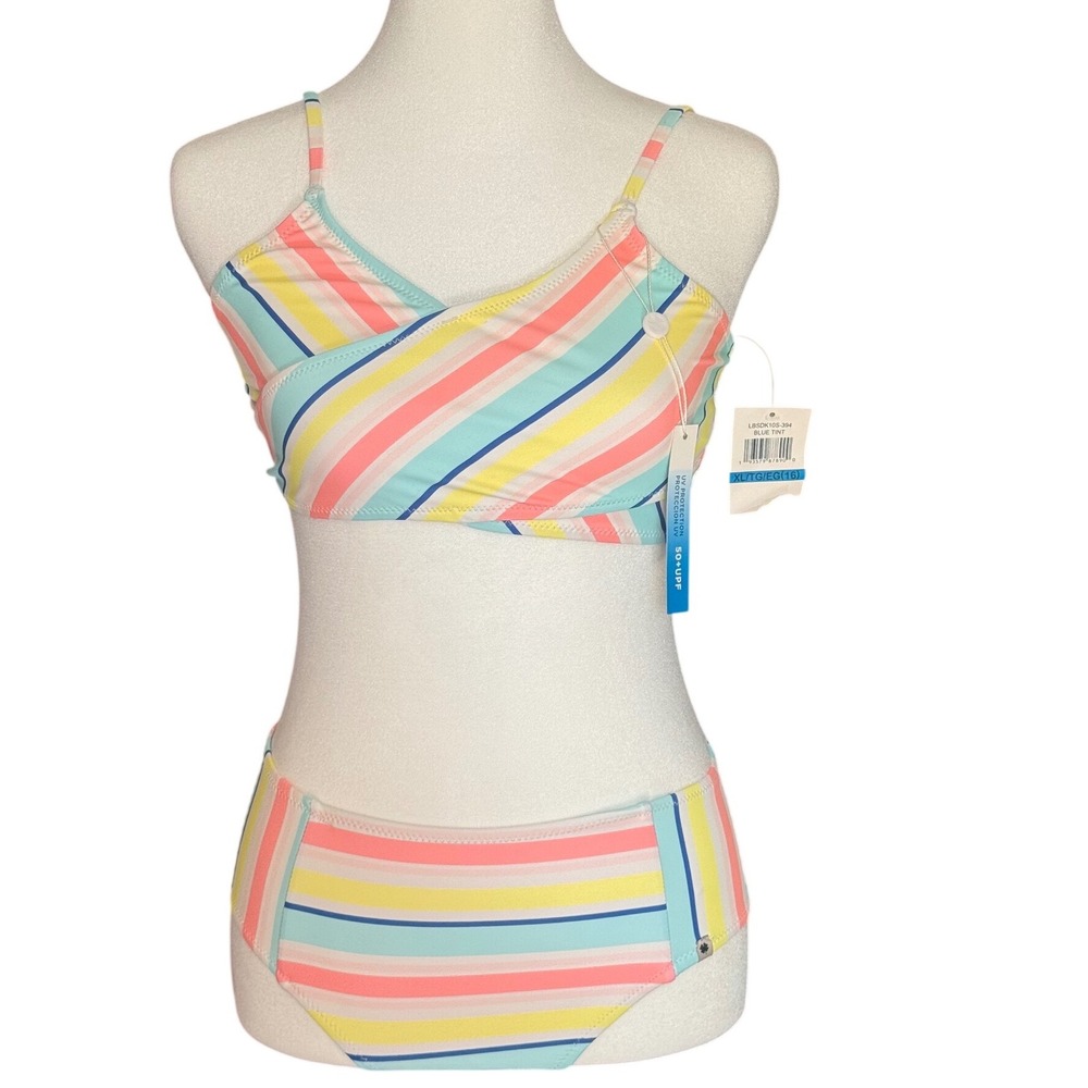 Lucky Brand Girls Striped Bikini Set Blue Tint Multi UPF 50+‎ Size XL 16 NWT